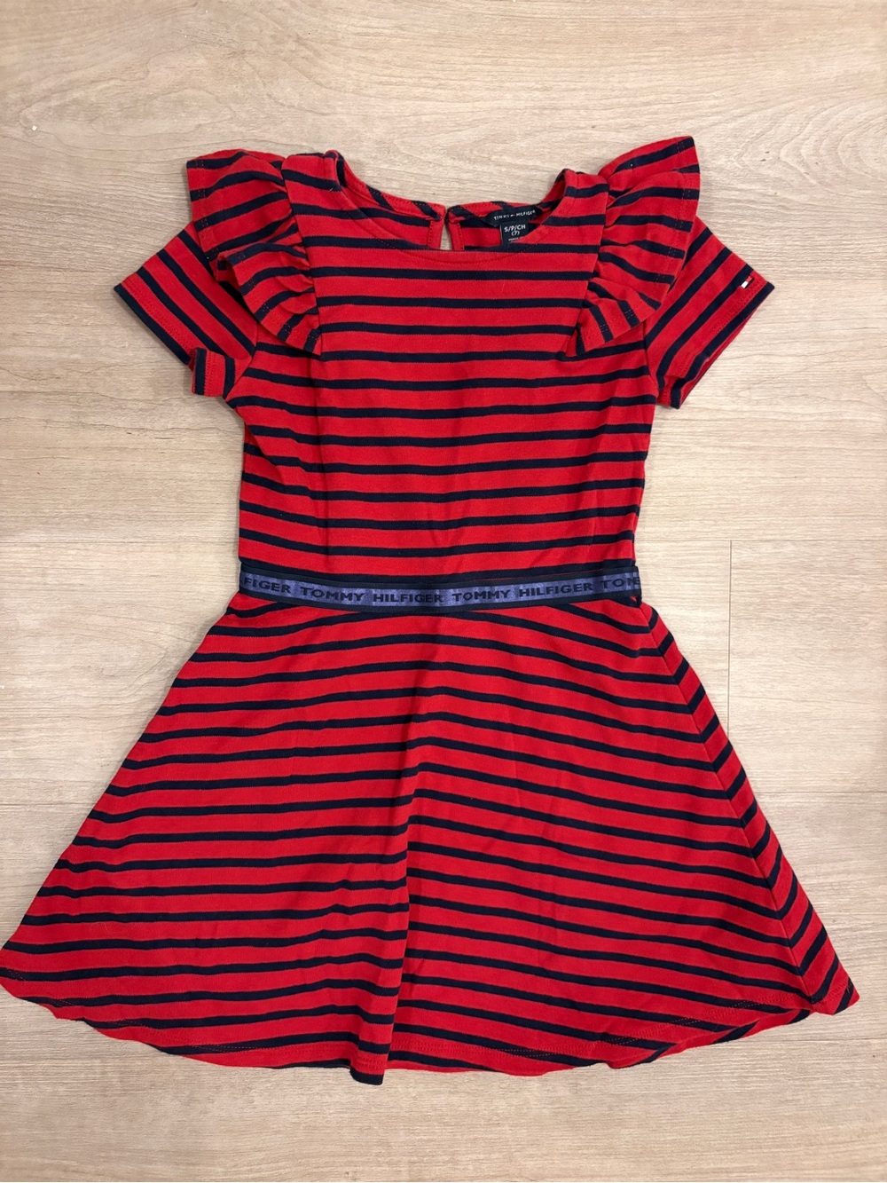 Tommy Hilfiger Red and Navy Stripe Ruffle Sleeve Dress